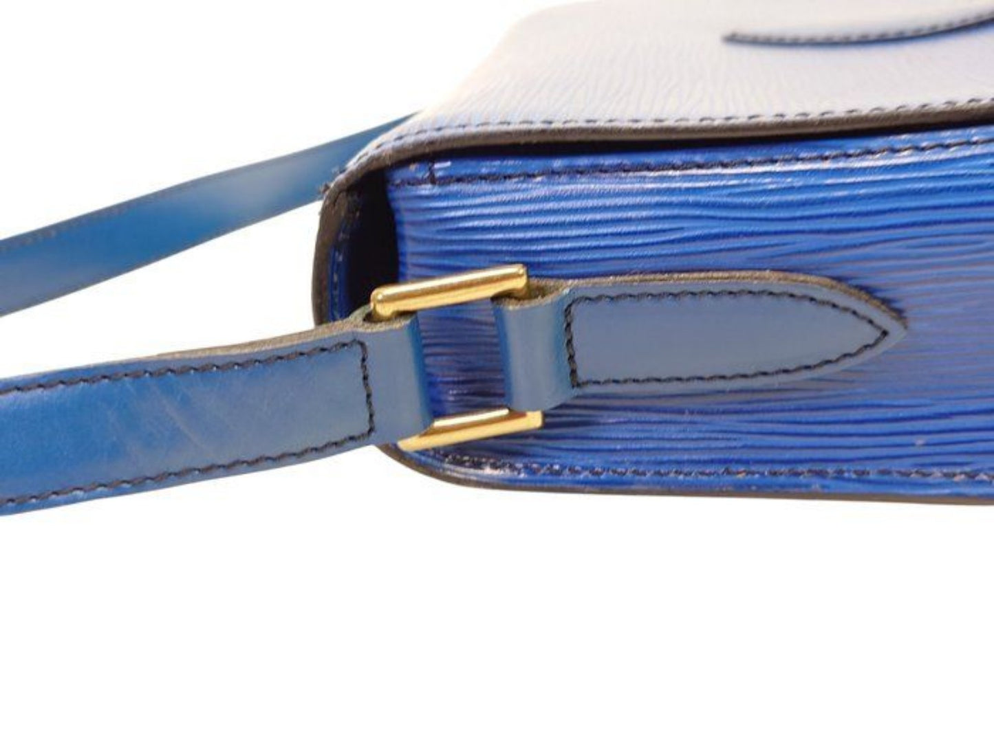 Louis Vuitton blue Epi leather crossbody bag with signature LV logo and brass hardware.