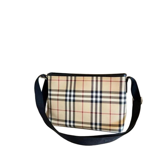 Burberry beige messenger bag with classic Nova Check pattern and silver-tone hardware.