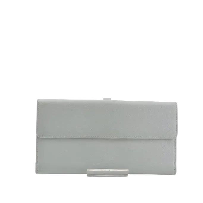 Chanel blue leather wallet with logo detail and minimalist design, featuring light scuffs.