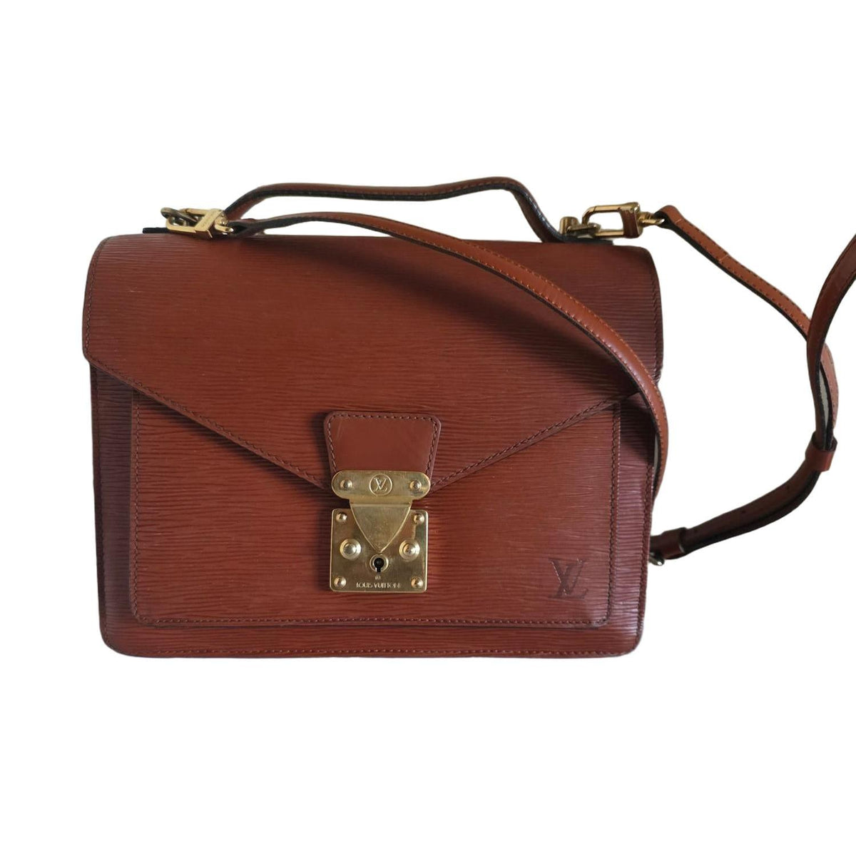 Louis Vuitton brown Monceau crossbody bag in Epi leather with S-lock closure and textured finish.