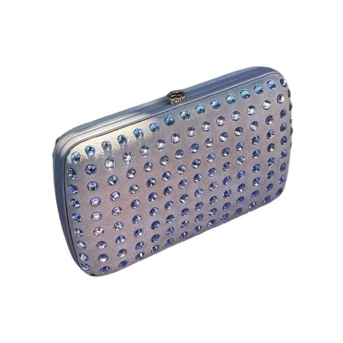Gucci purple clutch evening bag with interlocking buckle and tone-on-tone crystal embellishments.
