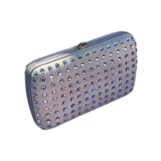 Gucci purple clutch evening bag with interlocking buckle and tone-on-tone crystal embellishments.
