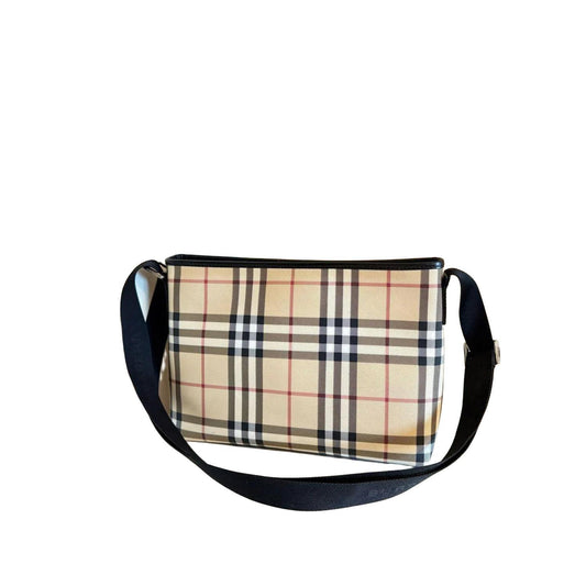 Burberry beige messenger bag with classic Nova Check pattern and silver-tone hardware.