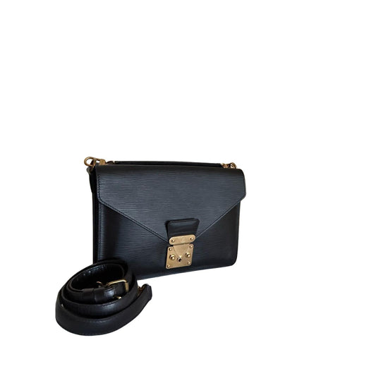Louis Vuitton black Monceau crossbody bag in textured Epi leather with gold-tone S-lock closure.