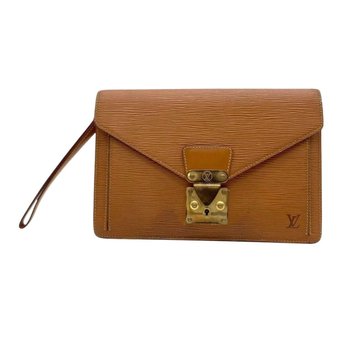 Louis Vuitton brown Epi leather clutch with gold-tone hardware and textured finish.