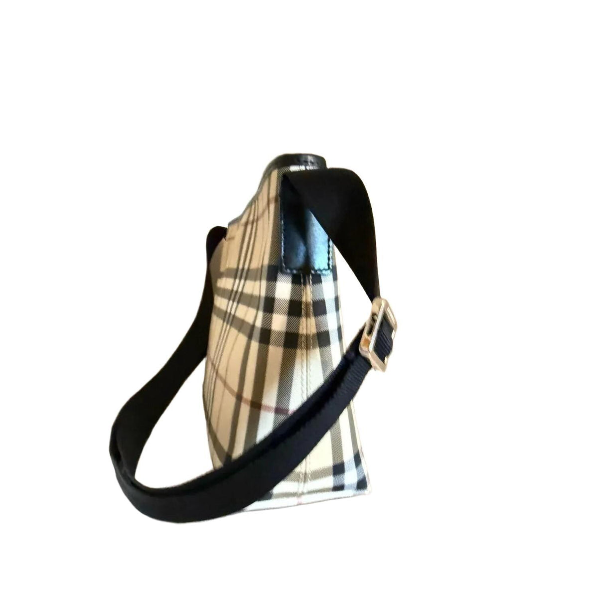 Burberry beige messenger bag with classic Nova Check pattern and silver-tone hardware.