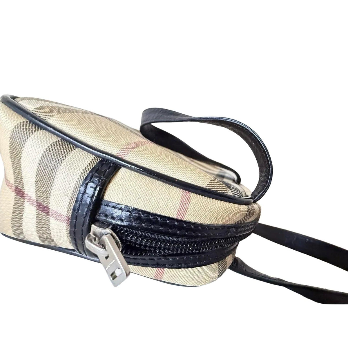 Burberry beige checkered top handle handbag with black leather trim and zipper closure.