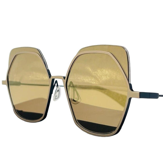 Yohji Yamamoto gold sunglasses with bronze finish and original pouch, sleek metal design.