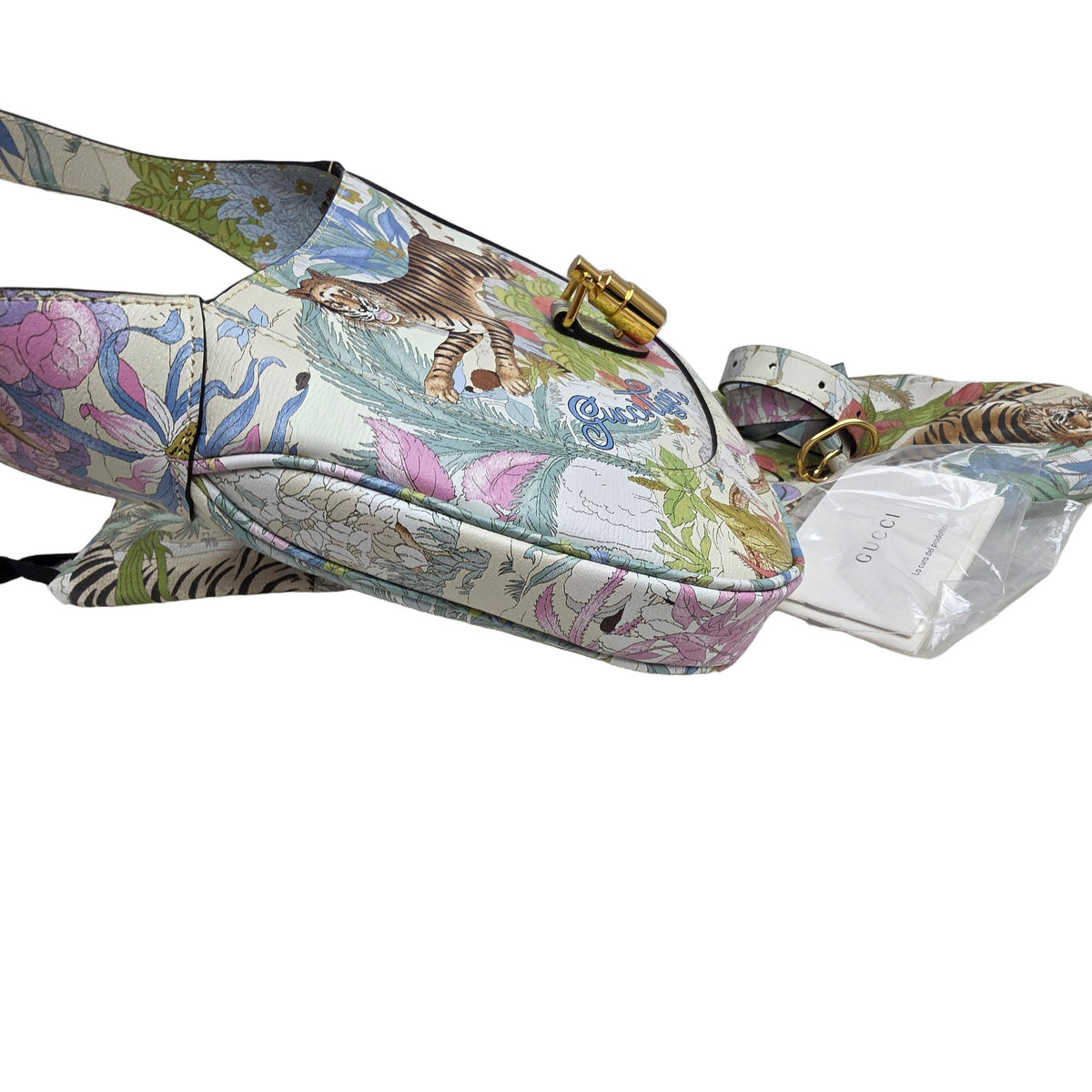 Gucci Tiger shoulder bag multicolour leather with gold hardware and bold tiger motif.