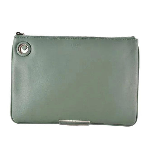 Fendi green leather neck pouch with minimalist design and smooth texture.