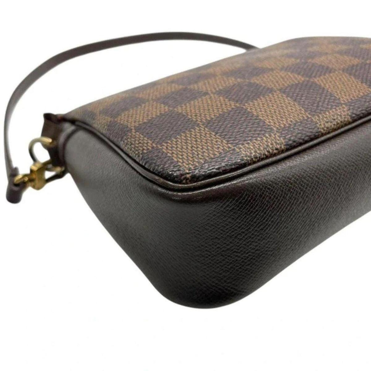 Louis Vuitton Pochette Accessoire brown Damier Ebene canvas handbag with gold hardware.