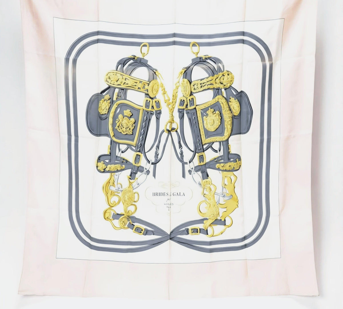 Hermès silk scarf cream grey multi Brides de Gala design with ornate bridle pattern.