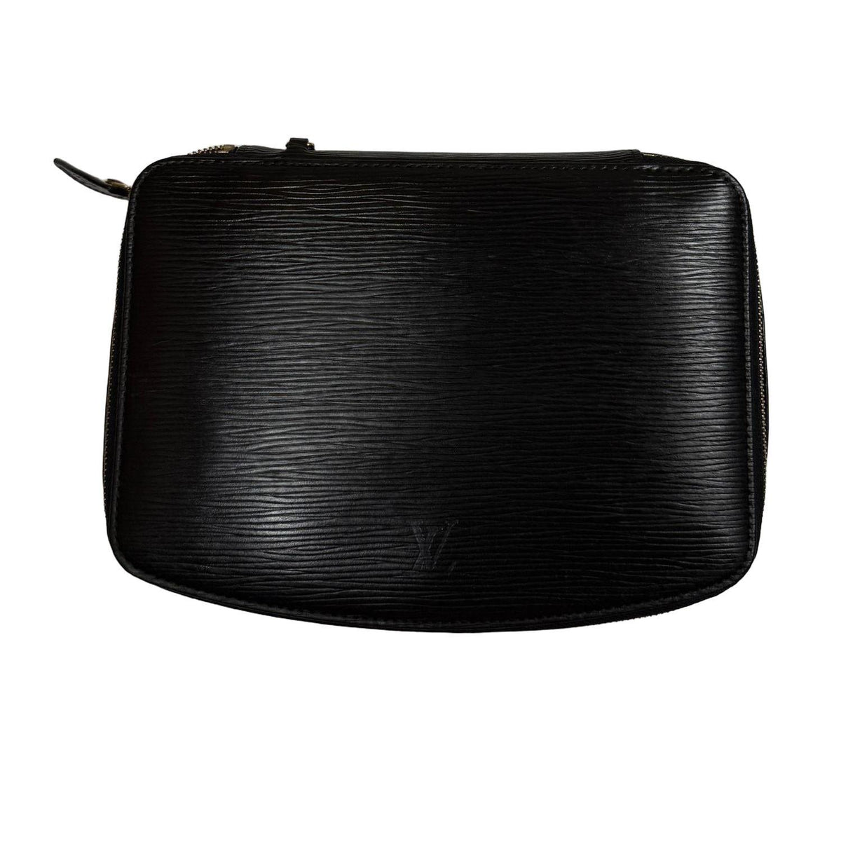 Louis Vuitton black Epi leather jewellery box with gold-tone hardware and grey microfiber lining.