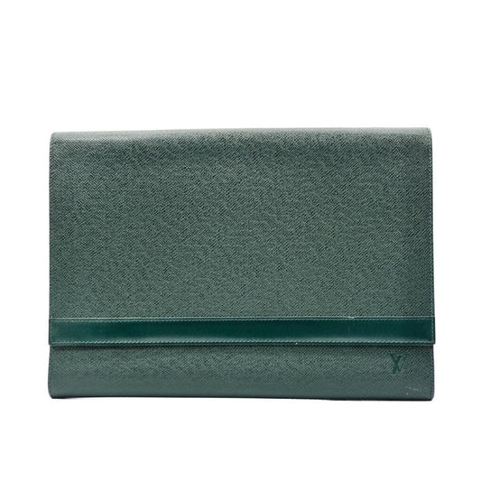 Louis Vuitton gold and green Volga clutch bag in Taiga leather with gold-tone hardware.