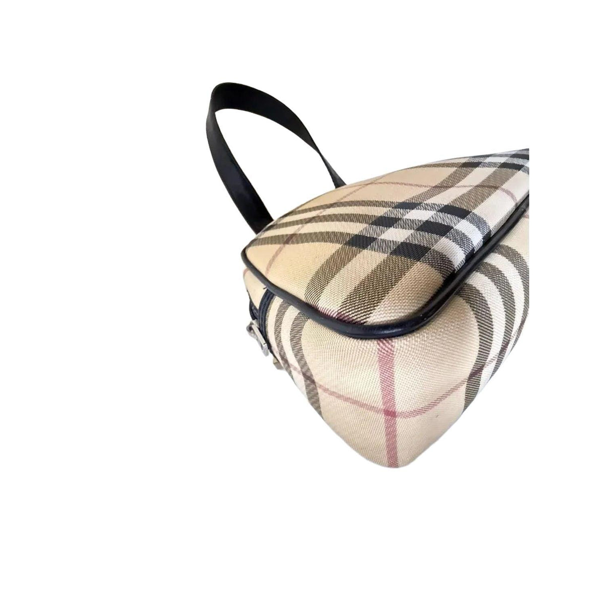 Burberry beige checkered top handle handbag with black leather trim and zipper closure.