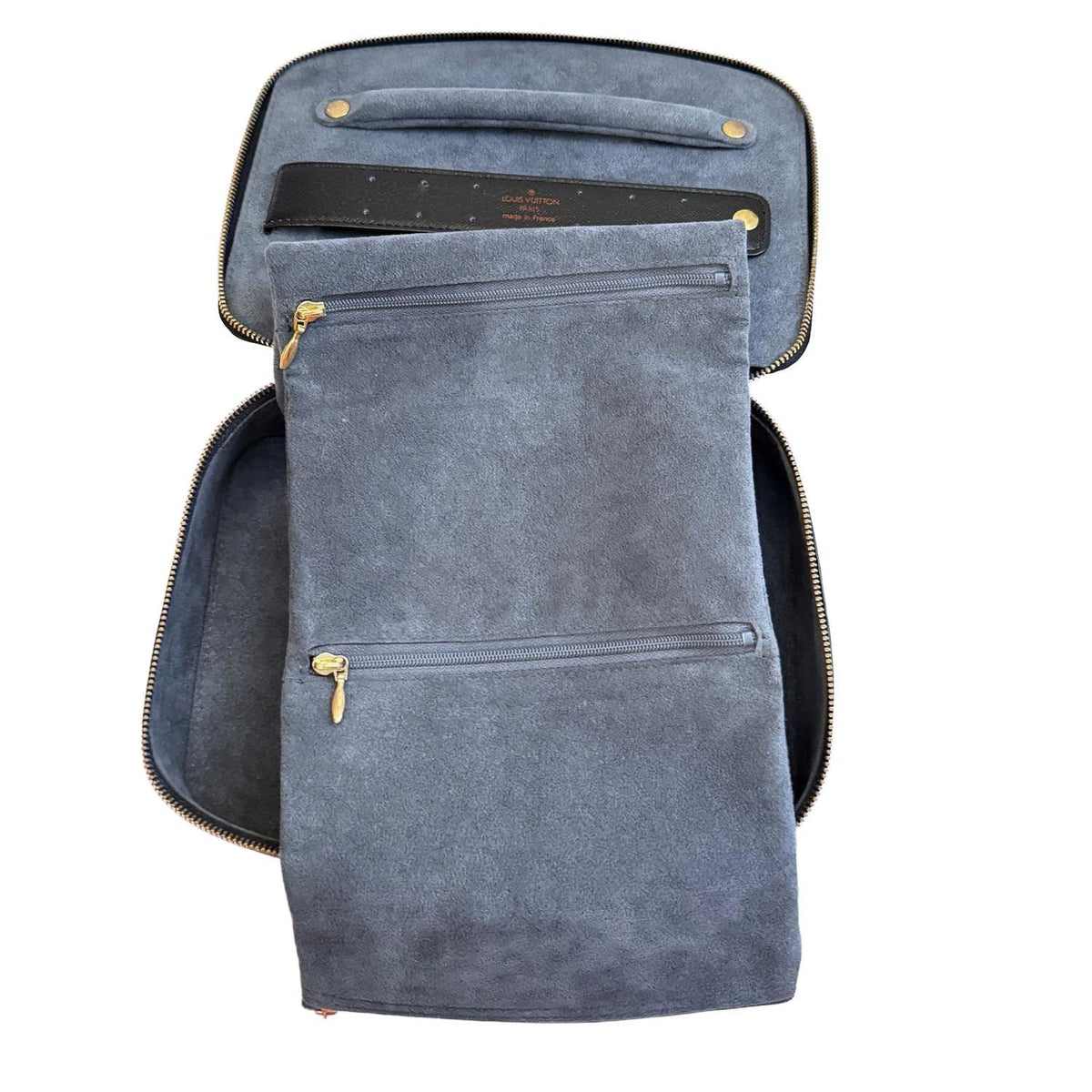 Louis Vuitton black Epi leather jewellery box with gold-tone hardware and grey microfiber lining.