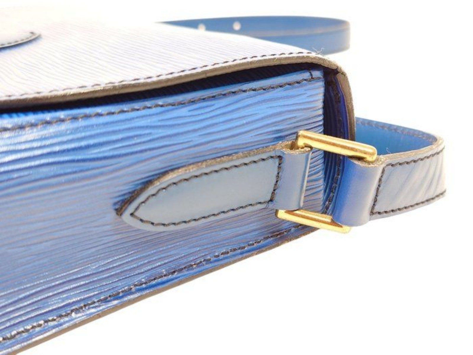 Louis Vuitton blue Epi leather crossbody bag with signature LV logo and brass hardware.