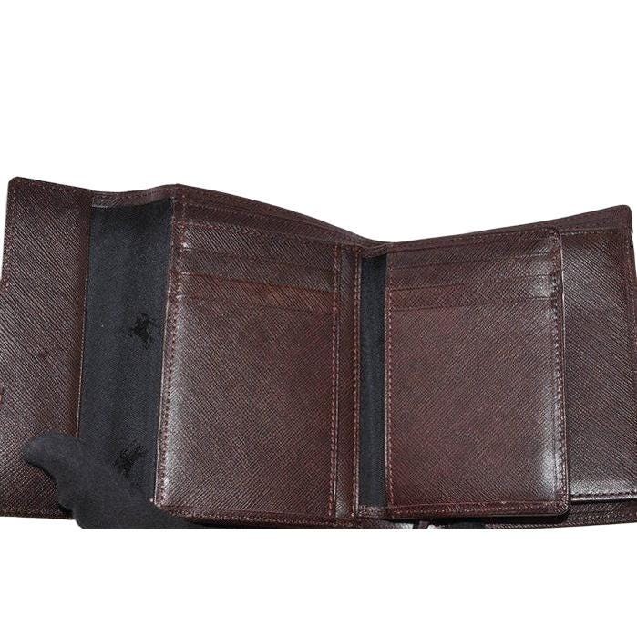 Burberry brown leather bifold wallet with embossed logo and classic design.
