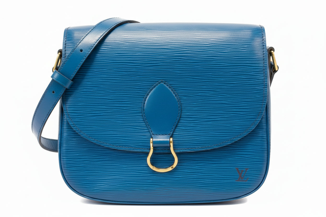 Louis Vuitton blue Epi leather crossbody bag with signature LV logo and brass hardware.
