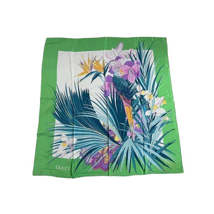 Gucci silk scarf multi-colour floral pattern with iconic logo and vintage charm.