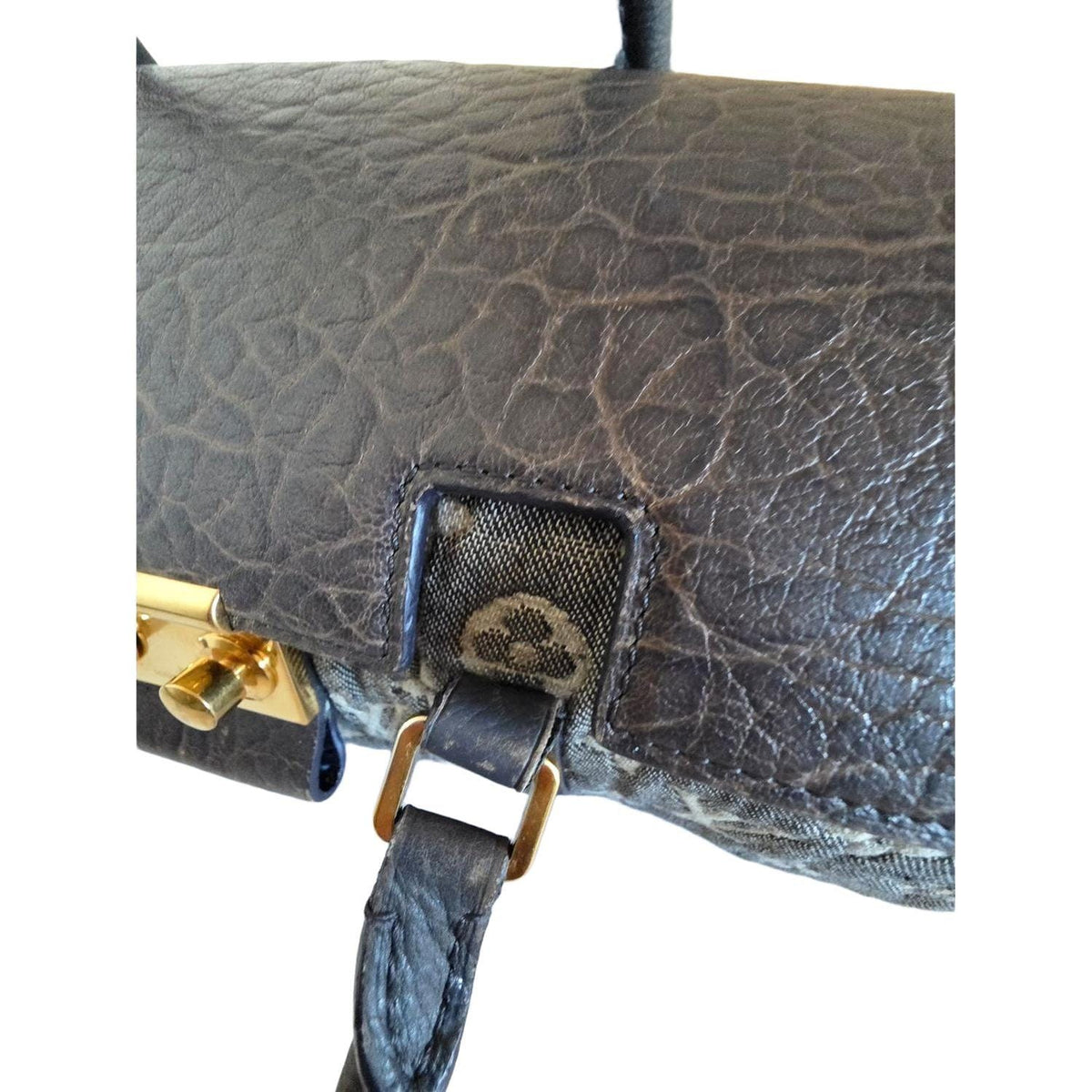 Louis Vuitton gold and grey handbag with monogram canvas and gold-plated accents.
