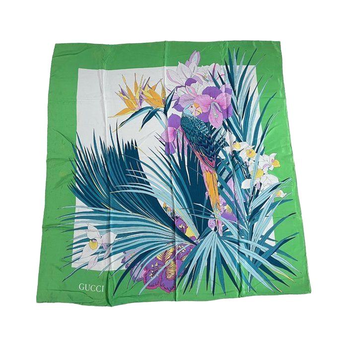 Gucci silk scarf multi-colour floral pattern with iconic logo and vintage charm.