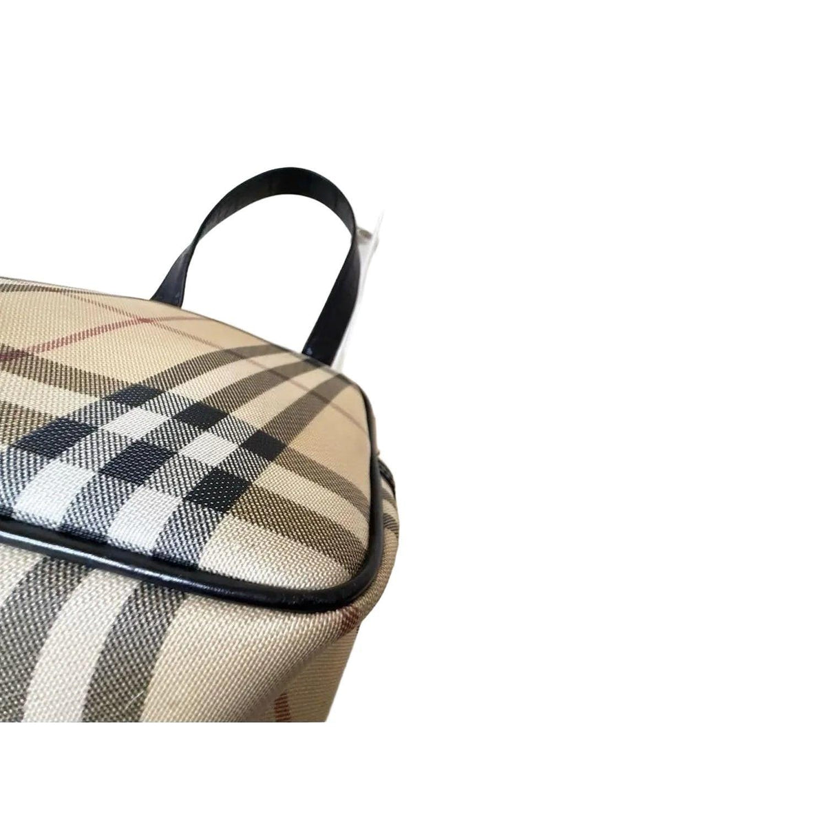 Burberry beige checkered top handle handbag with black leather trim and zipper closure.