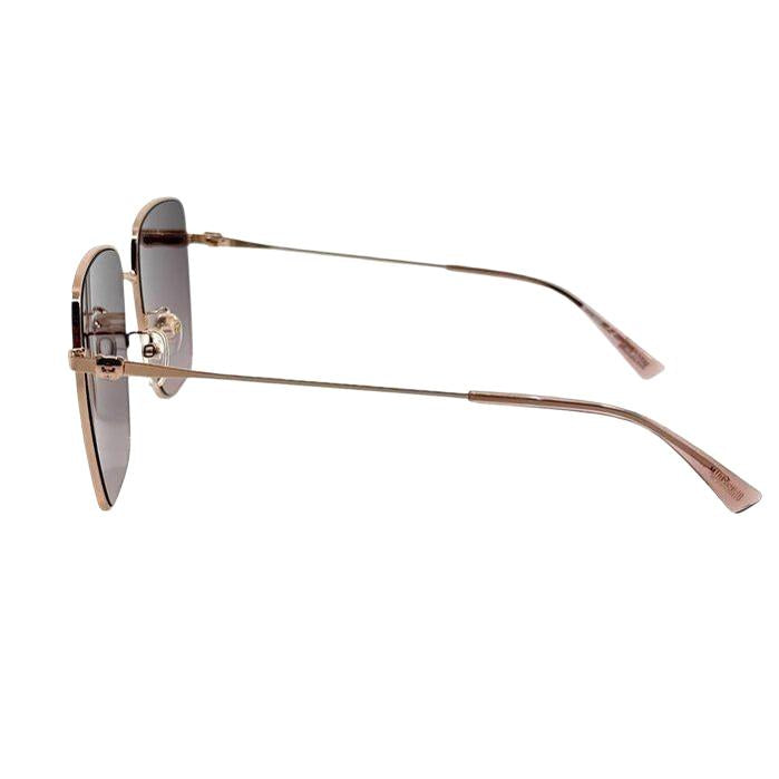 Moschino gold sunglasses with pink tinted lenses and iconic logo on temples.