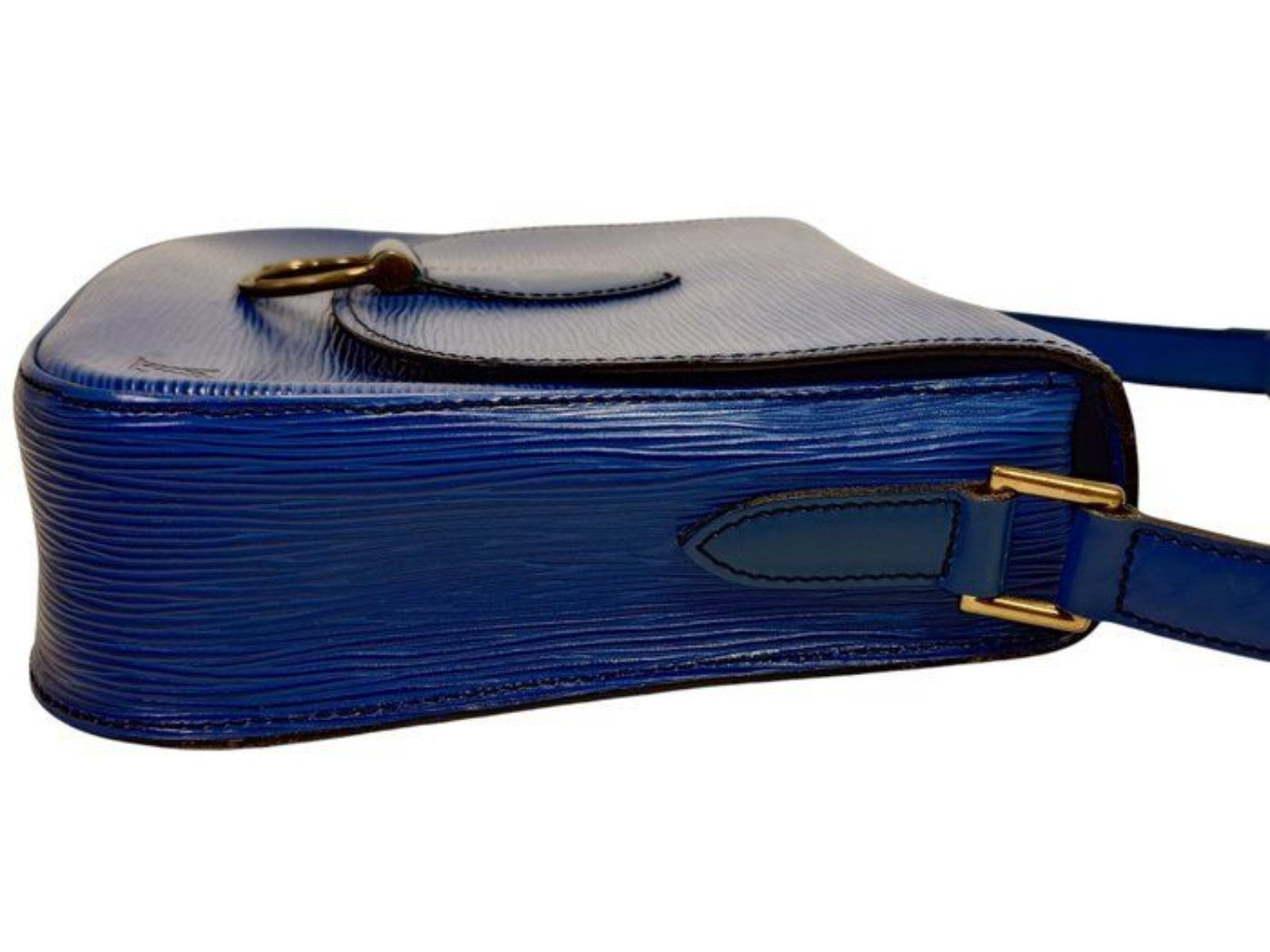 Louis Vuitton blue Epi leather crossbody bag with signature LV logo and brass hardware.