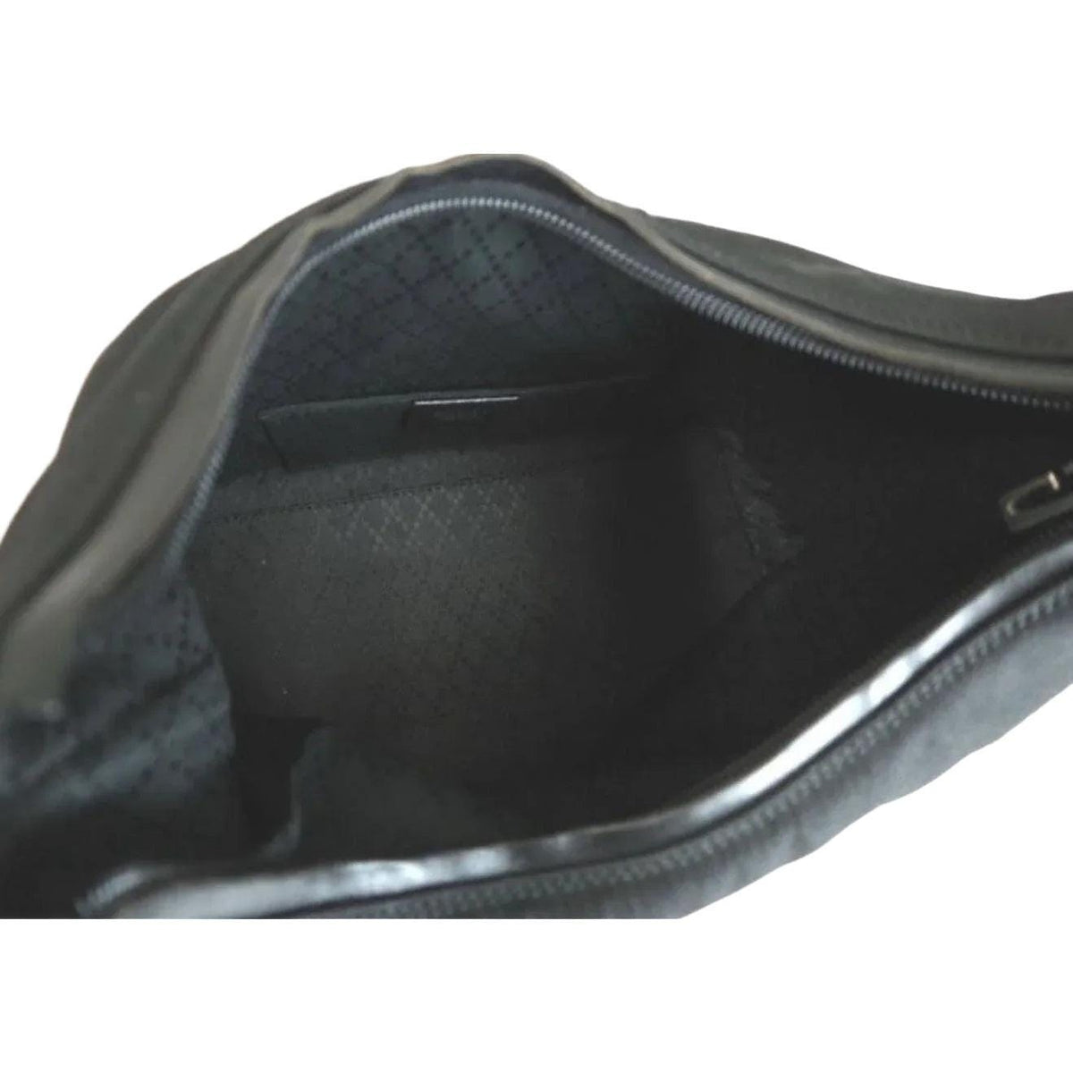 Gucci black nylon and leather shoulder bag with silver accents and logo detail.