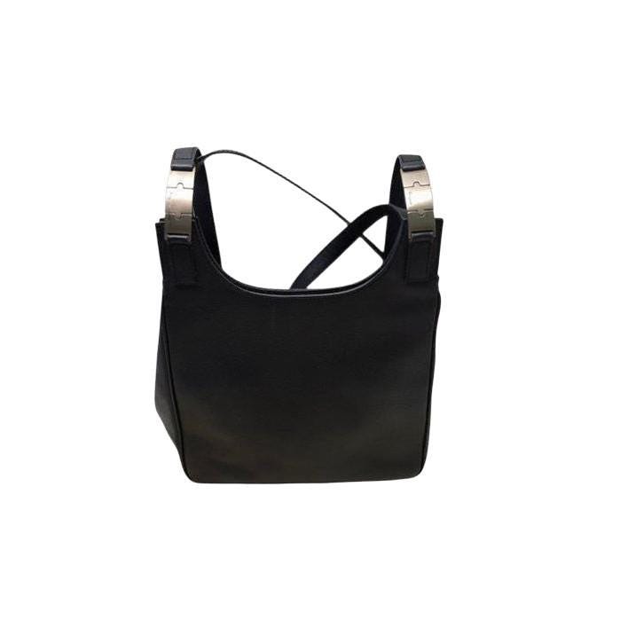 Salvatore Ferragamo black hobo bag hammered leather with metal accents and structured silhouette.