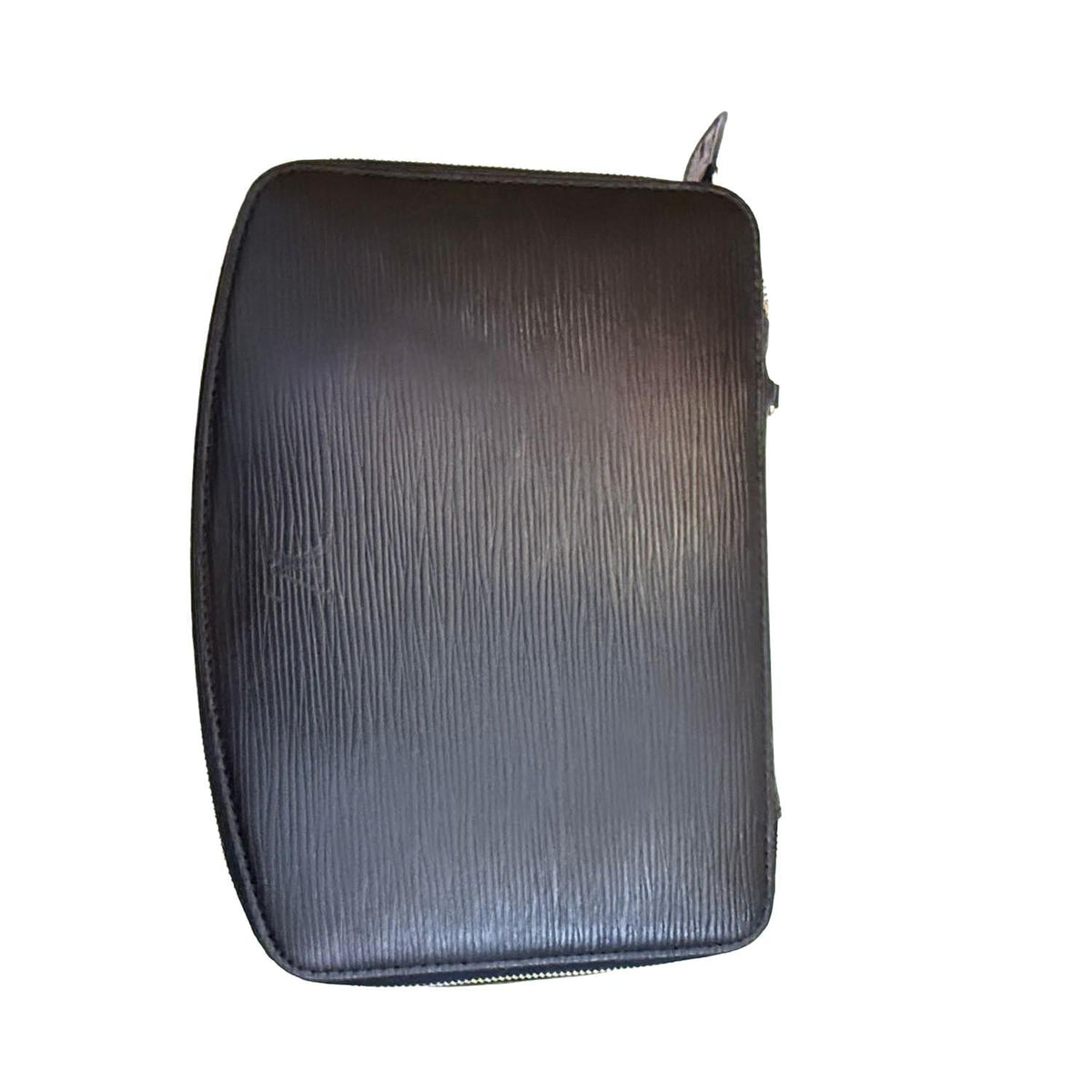 Louis Vuitton black Epi leather jewellery box with gold-tone hardware and grey microfiber lining.