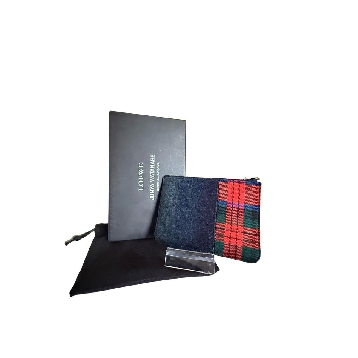 Loewe x Junya Watanabe black and tartan wool mini wallet with premium denim details.