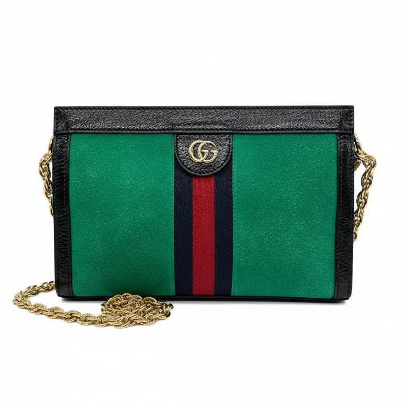 Gucci green suede messenger bag with black patent leather trim and Sherry web stripe.