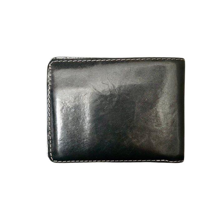 Louis Vuitton bifold wallet black smooth leather with punched logo design.