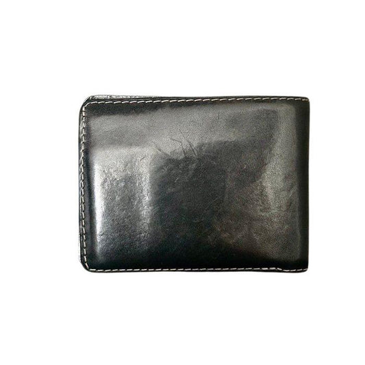 Louis Vuitton bifold wallet black smooth leather with punched logo design.