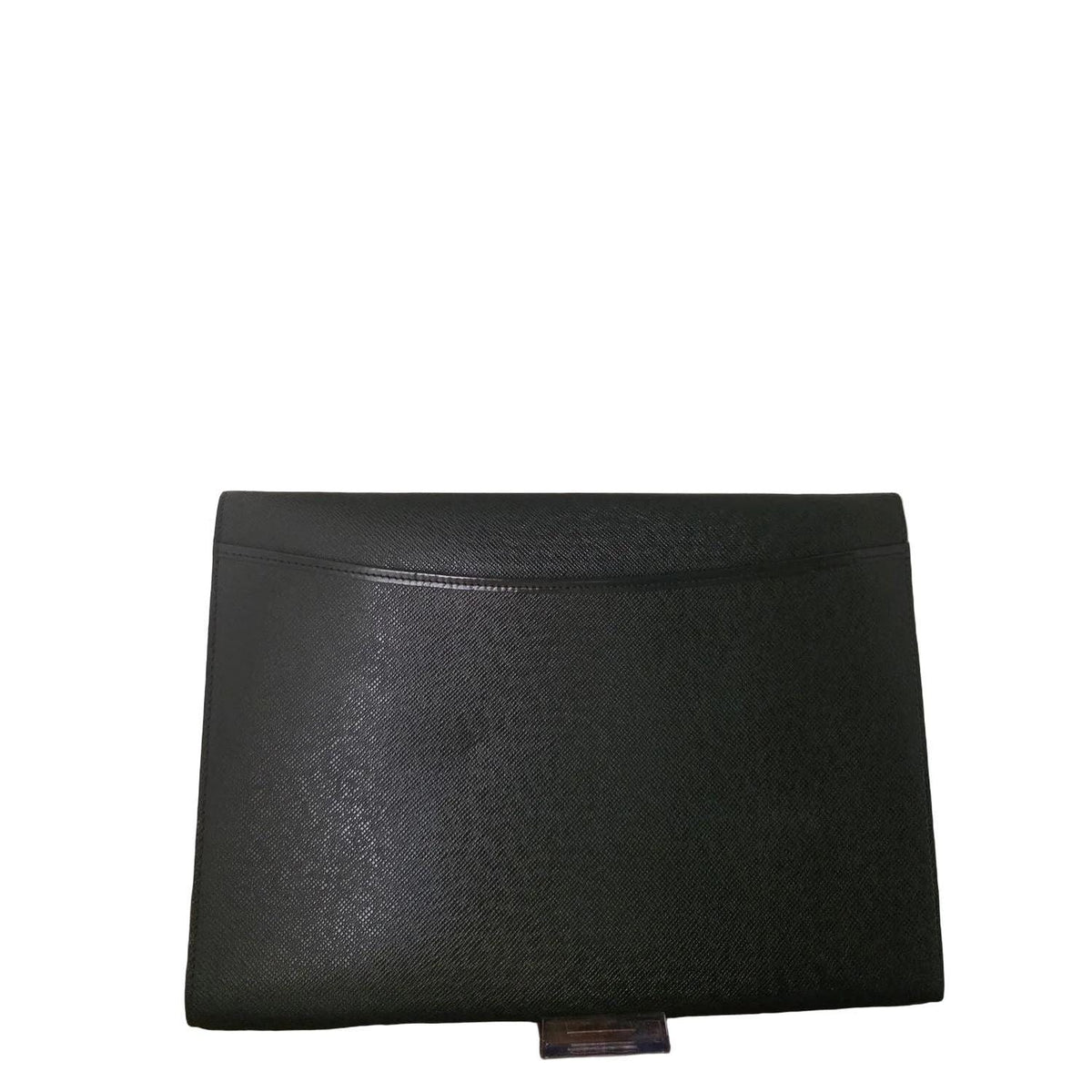 Louis Vuitton gold and green Volga clutch bag in Taiga leather with gold-tone hardware.