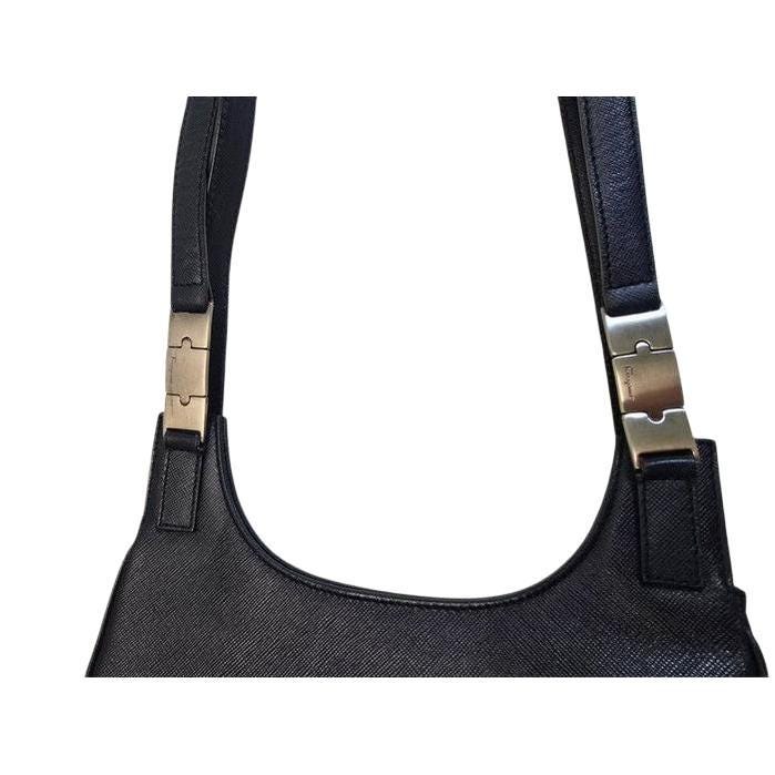 Salvatore Ferragamo black hobo bag hammered leather with metal accents and structured silhouette.