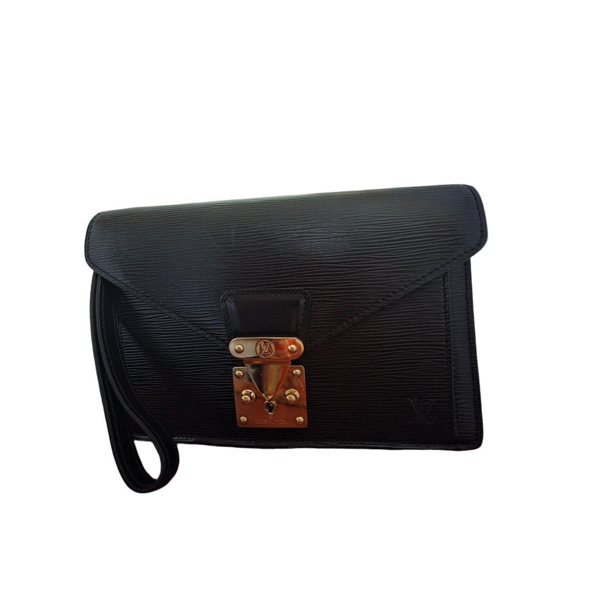 Louis Vuitton black clutch textured Epi leather gold-plated hardware vintage style