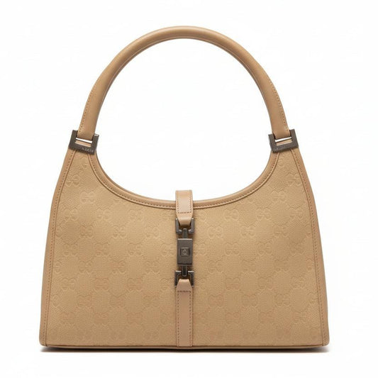 Gucci Jackie shoulder bag cream beige GG canvas with leather trim and silver hardware.