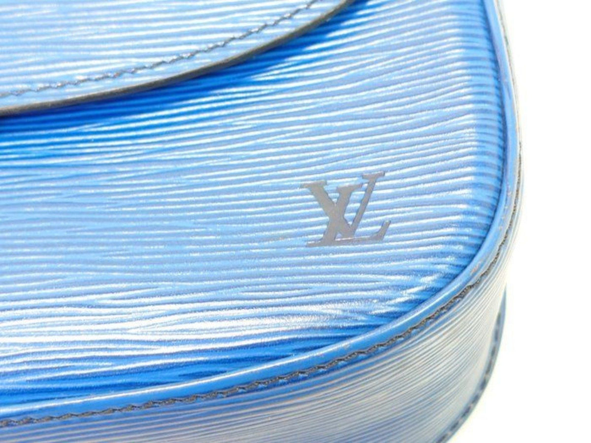 Louis Vuitton blue Epi leather crossbody bag with signature LV logo and brass hardware.