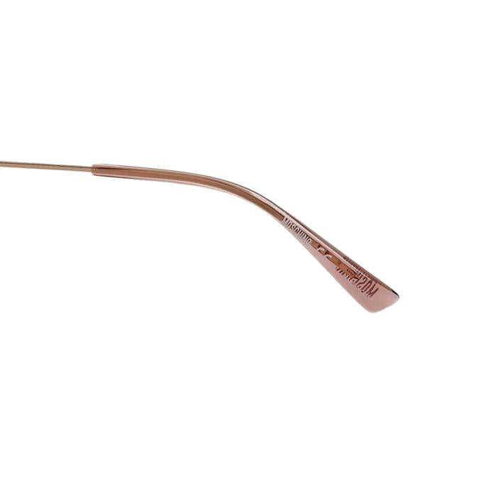 Moschino gold sunglasses with pink tinted lenses and iconic logo on temples.