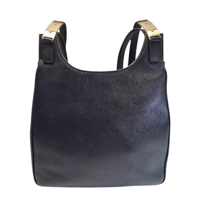 Salvatore Ferragamo black hobo bag hammered leather with metal accents and structured silhouette.