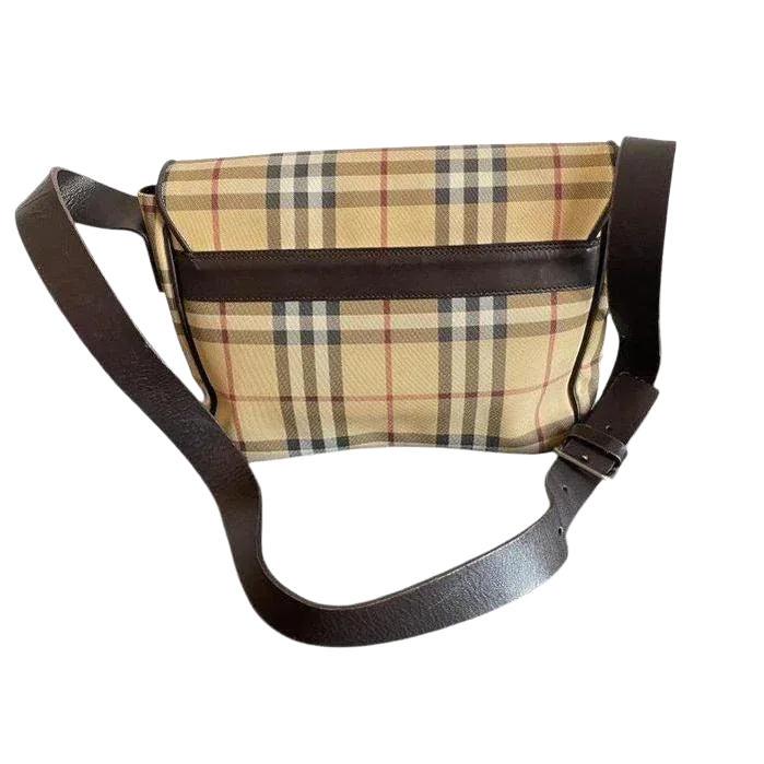 Burberry beige tote bag with iconic Nova Check pattern and leather accents.