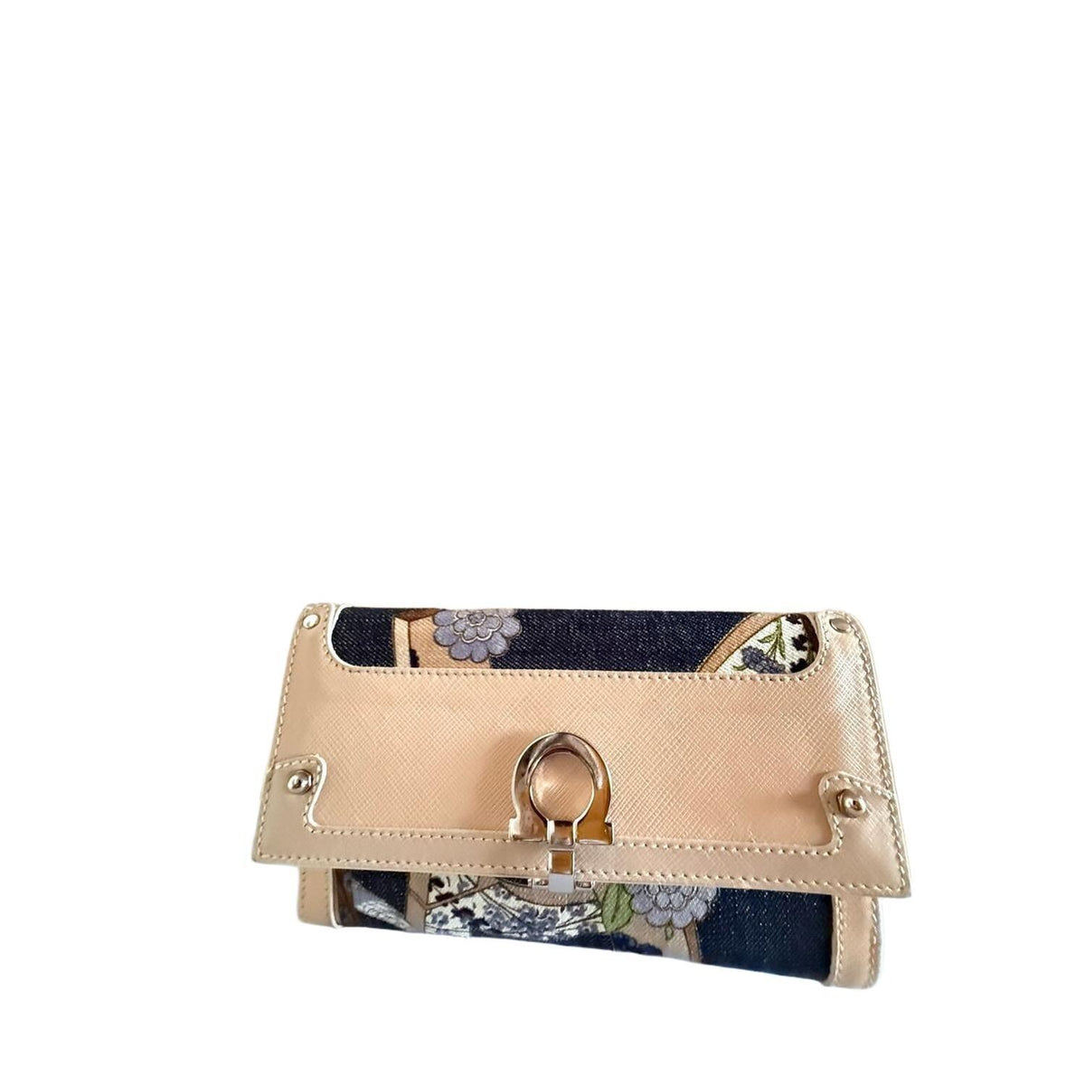 Salvatore Ferragamo burgundy wallet patent leather with iconic bow detail and signature bars.