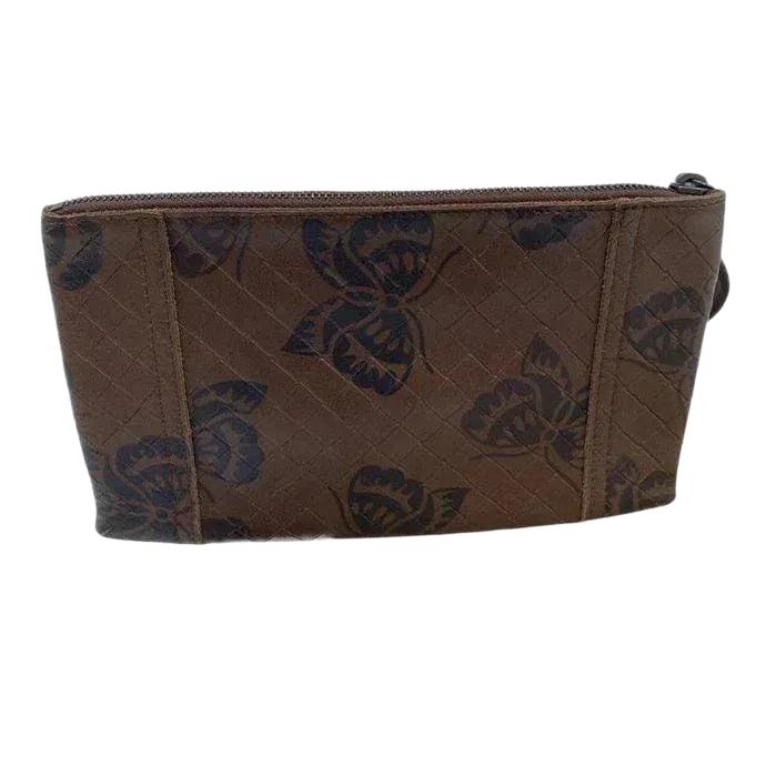 Bottega Veneta brown leather pouch with intrecciato weave and zip-around closure.