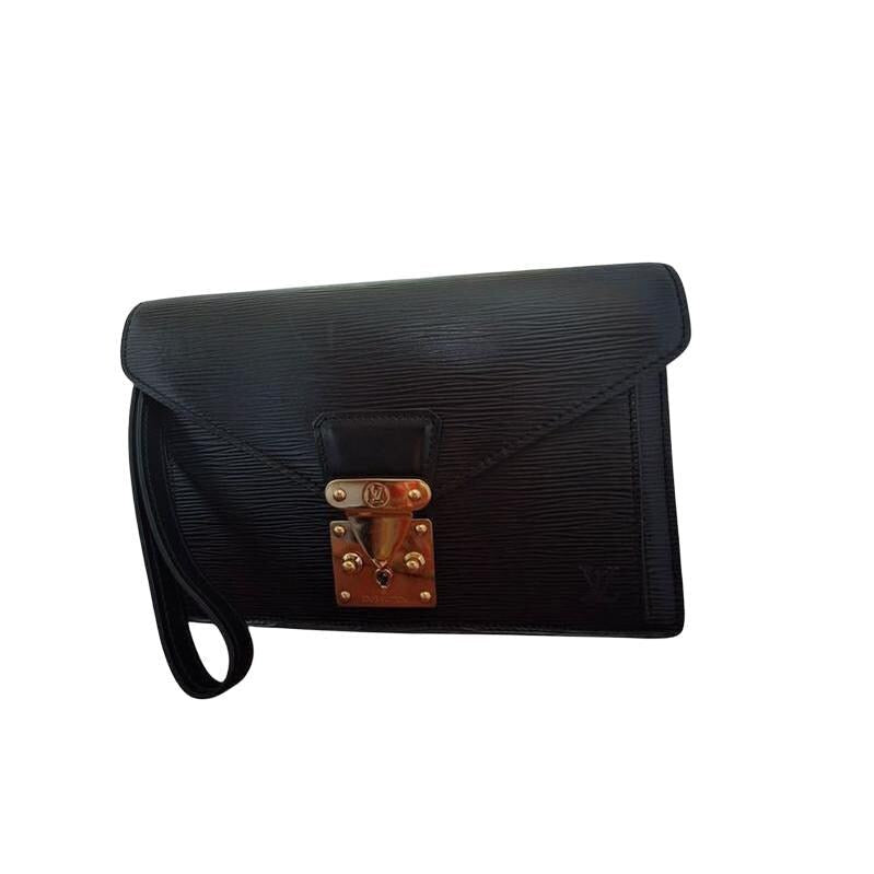 Louis Vuitton black clutch textured Epi leather gold-plated hardware vintage style