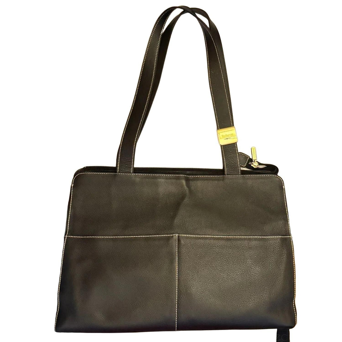 Burberry black tote bag with Nova Check accents and premium calf leather finish.