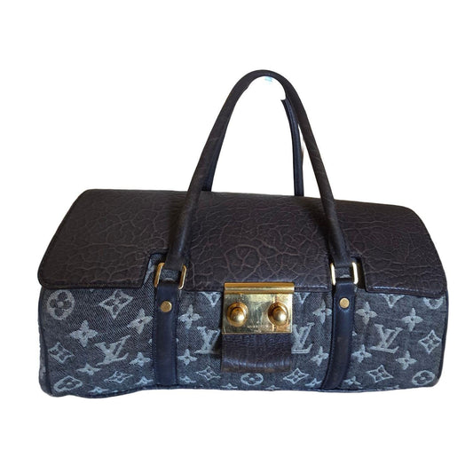 Louis Vuitton gold and grey handbag with monogram canvas and gold-plated accents.