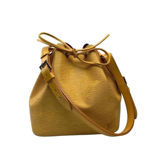 Louis Vuitton Petit Noé yellow bucket bag in Epi leather with drawstring closure.